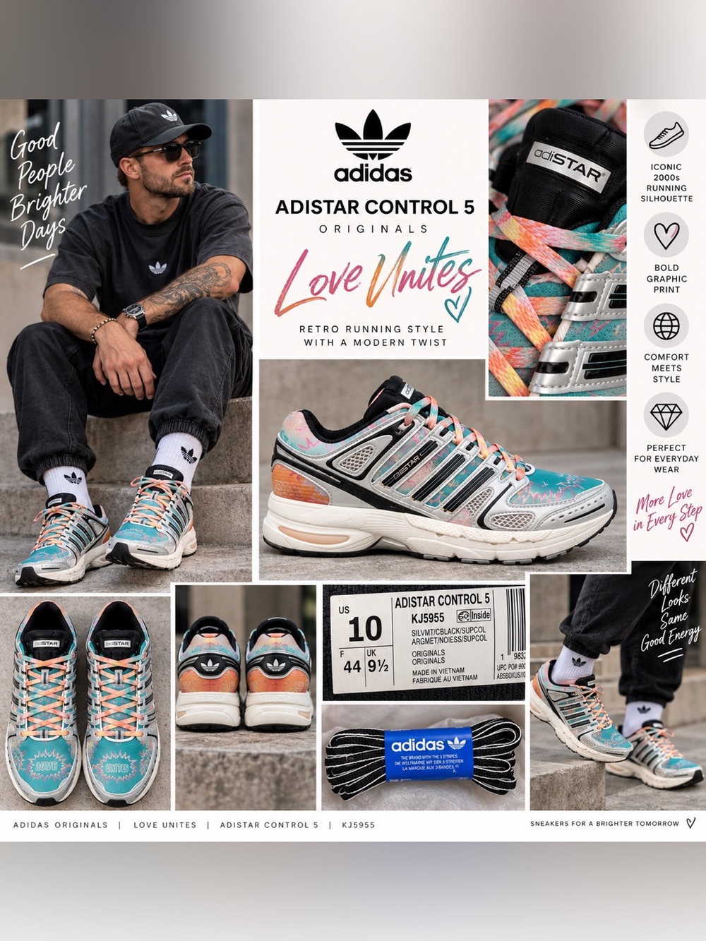Adidas Adistar Control 5 Love Unites KJ5955 Men’s 10 Multicolor Sneakers NWT
